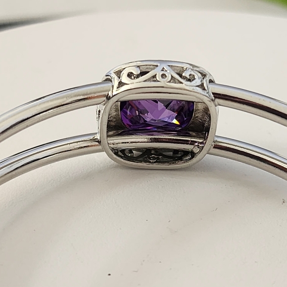 Silver Open Cuff Bracelet with Amerhyst Purple Crystal Stone - Picture 7 of 11